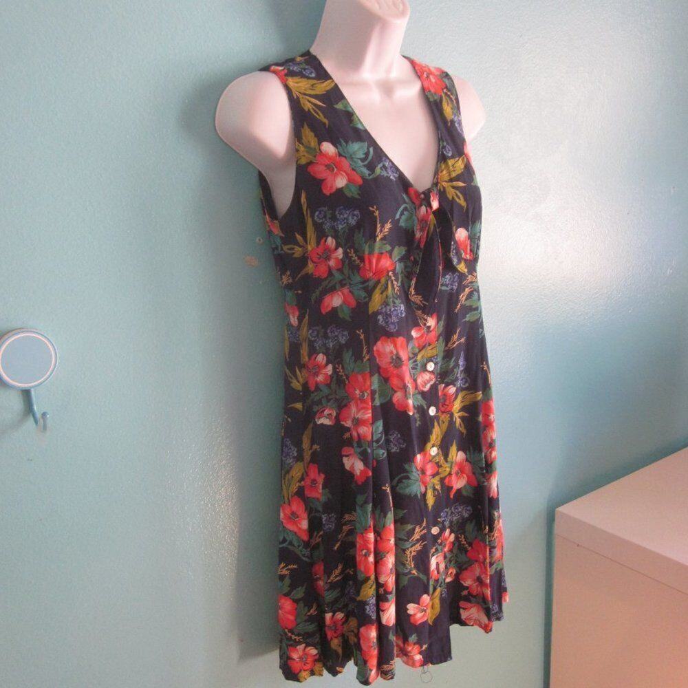 Gap Womens Size XS VINTAGE 80's Blue Floral Mini Dress Button Front V Neck & Tie